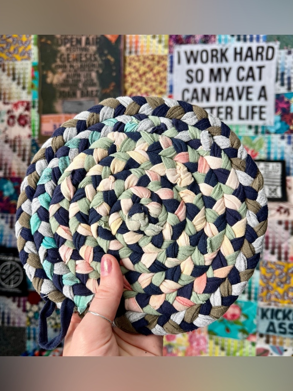 Braided Trivet Potholder - Green Peach Watercolor